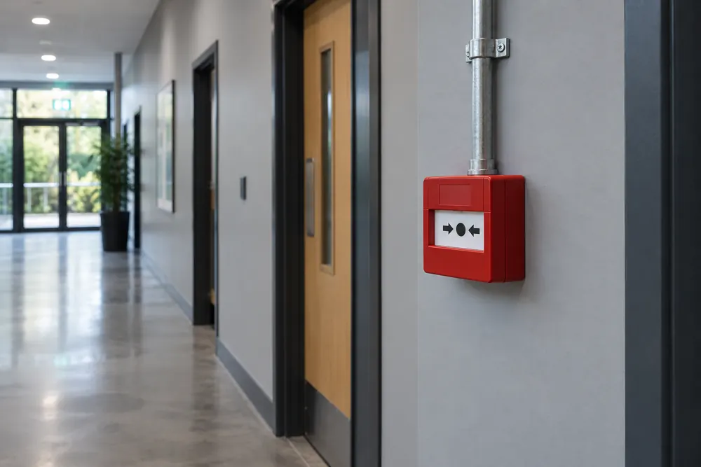 Manual alarm call point installed on a commercial corridor wall