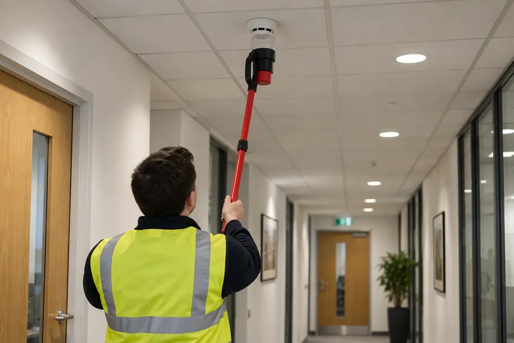 Technician testing a smoke detector with a test pole