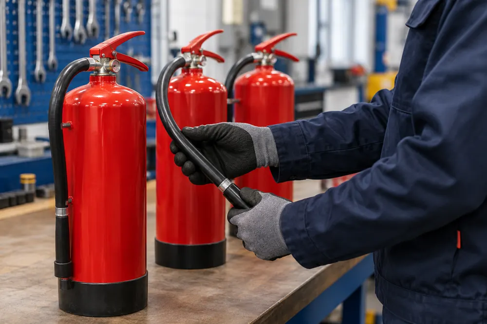 Portable extinguishers being checked on a workshop bench