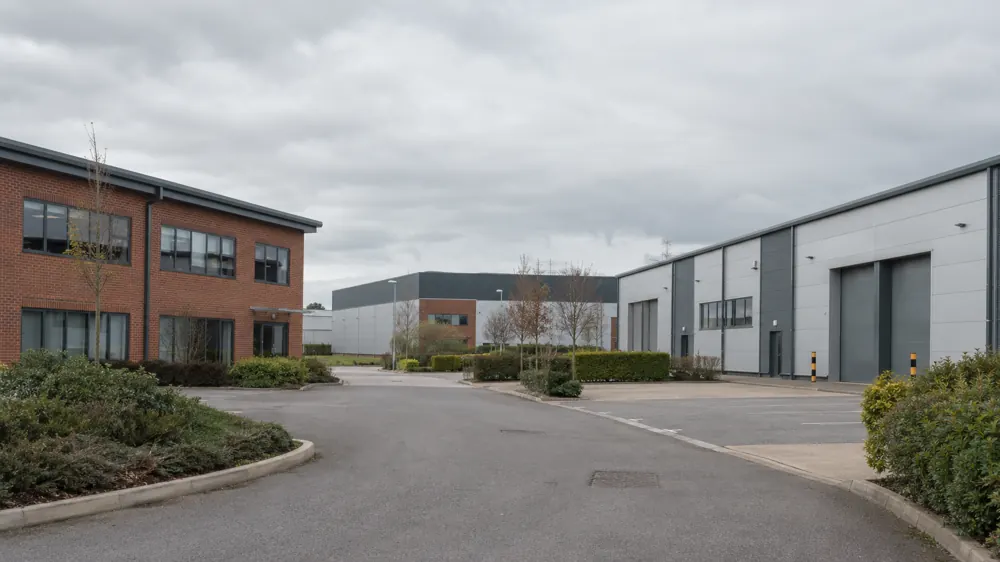 Brick commercial buildings and industrial units in an English Midlands business park