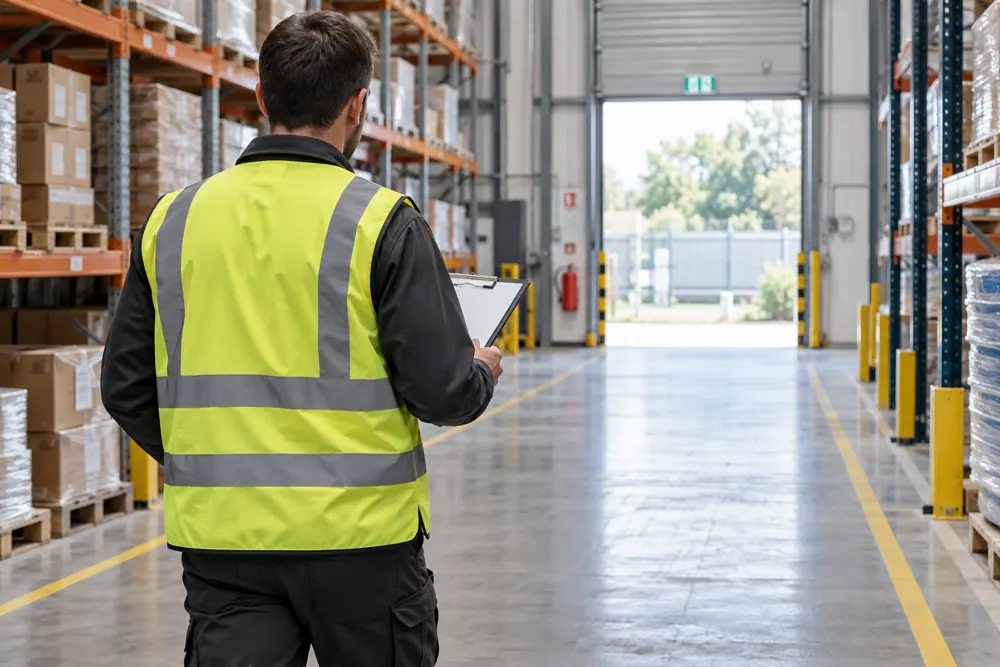 Assessor reviewing an escape route in a commercial warehouse